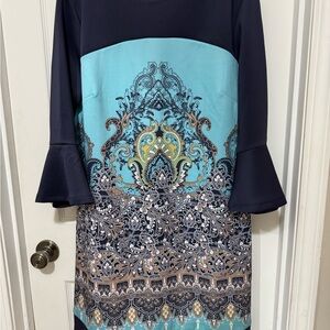 New York & Company Blue Sheath Dress 3/4 Sleeve Crew Neck